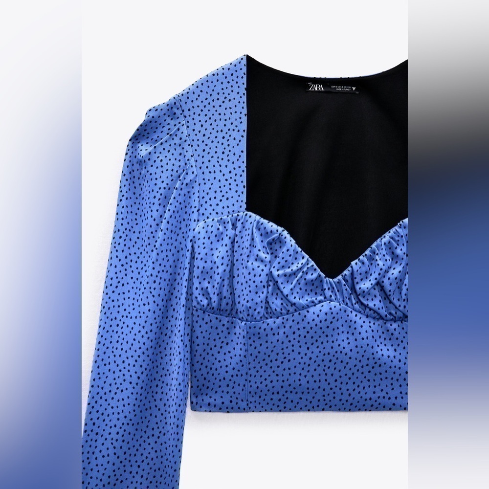 Zara Satin Blue Dot Cropped Long Sleeve Top ✨ - Picture 5 of 12